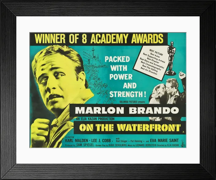 Framed Print : ON THE WATERFRONT, left: Marlon Brando, left: Eva Marie Saint, Marlon Brando on UK poster art, 1954