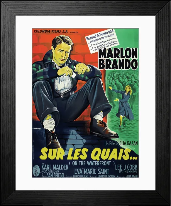 Framed Print : ON THE WATERFRONT, (aka SUR LES QUAIS), Marlon Brando on French poster art, 1954 Framed Print : ON THE WATERFRONT, (aka SUR LES QUAIS), Marlon Brando on French poster art, 1954