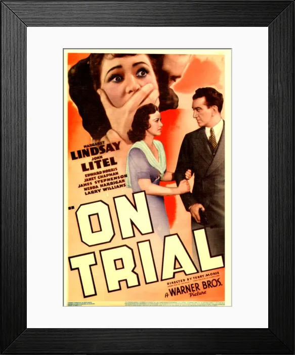 Framed Print : ON TRIAL, top: Margaret Lindsay, bottom from left: Margaret Lindsay, John Litel on midget window card, 1939