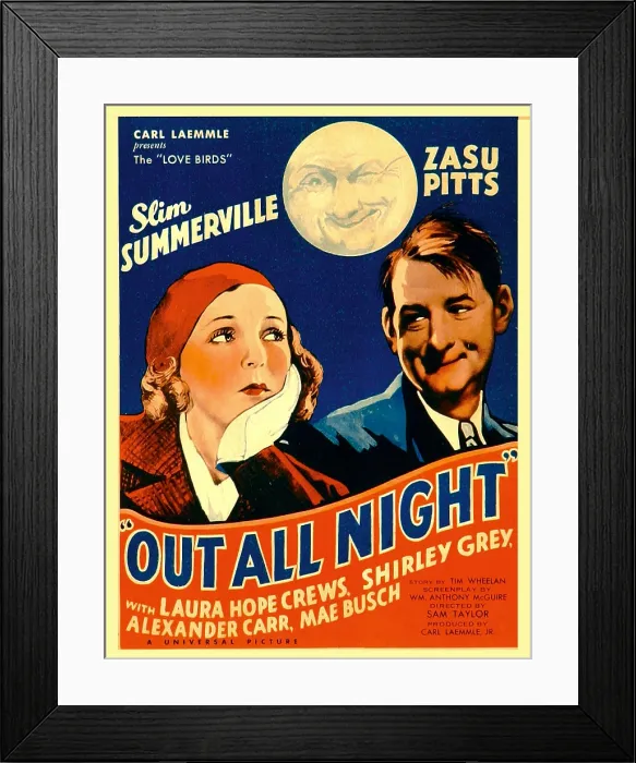 Framed Print : OUT ALL NIGHT, from left: Zasu Pitts, Slim Summerville on window card, 1933