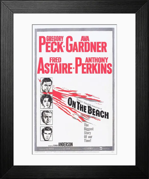 Framed Print : ON THE BEACH, US poster, left from top: Gregory Peck, Ava Gardner, Fred Astaire, Anthony Perkins, 1959
