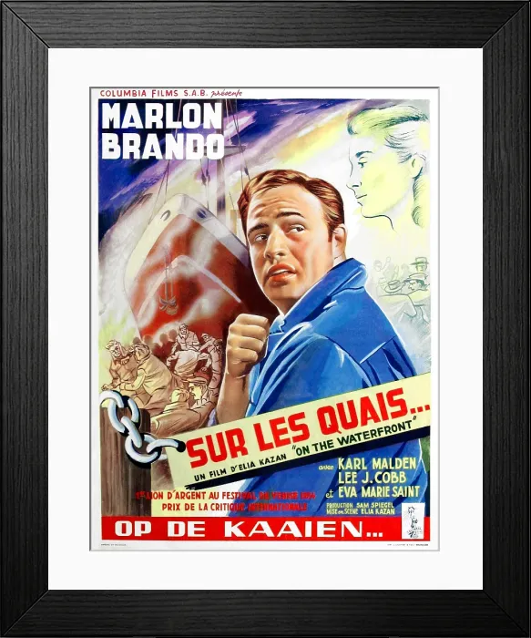 Framed Print : ON THE WATERFRONT (aka SUR LES QUAIS), from left: Marlon Brando, Eva Marie Saint on Belgian poster art, 1954