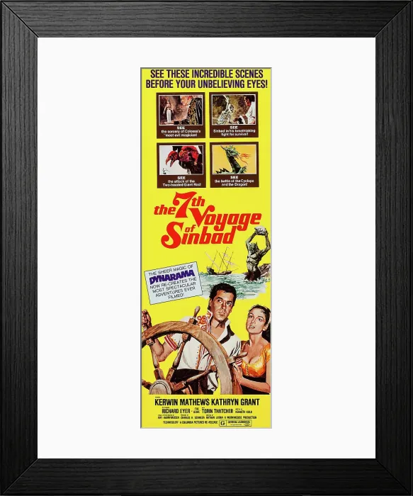 Framed Print : THE 7TH VOYAGE OF SINBAD, bottom l-r: Kerwin Mathews, Kathryn Grant on insert poster, 1958
