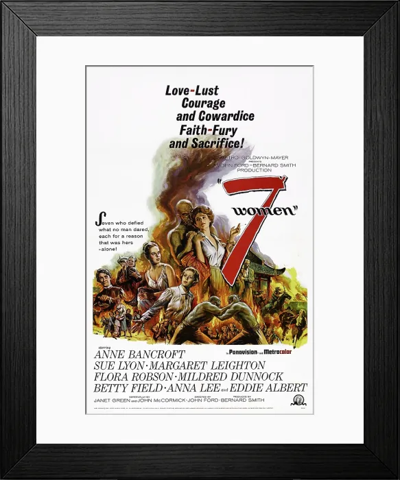 Framed Print : 7 WOMEN, (aka SEVEN WOMEN), US poster, rear from left: Mildred Dunnock, Sue Lyon, Anne Bancroft, 1966
