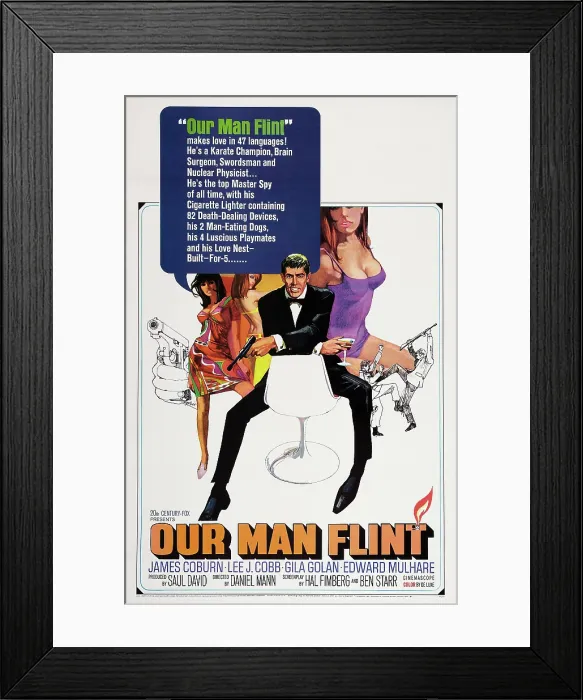 Framed Print : OUR MAN FLINT, US poster art, center: James Coburn, 1966, TM and Copyright 20th Century Fox Film Corp. All rights reserved. / courtesy Everett Collection Framed Print : OUR MAN FLINT, US poster art, center: James Coburn, 1966, TM and Copyright 20th Century Fox Film Corp. All rights reserved. / courtesy Everett Collection