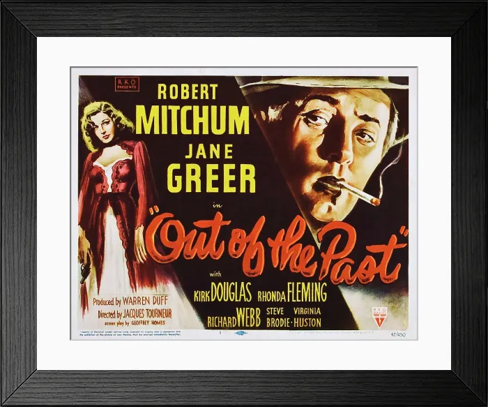 Framed Print : OUT OF THE PAST, left: Jane Greer, top right: Robert Mitchum, bottom right from left: Jane Greer, Robert Mitchum, 1947