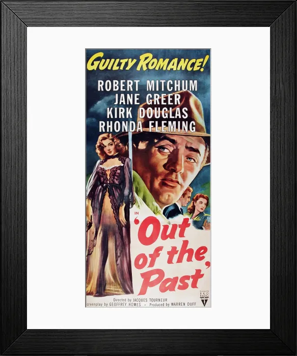 Framed Print : OUT OF THE PAST, top left: Jane Greer, top right: Robert Mitchum, Kirk Douglas, Rhonda Fleming, 1947