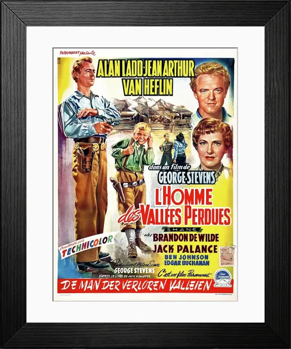 Framed Print : SHANE, (aka L'HOMME DES VALLEES PERDUES), l-r: Alan Ladd, Brandon DeWilde, right from top: Van Heflin, Jean Arthur on Belgian poster art, 1953