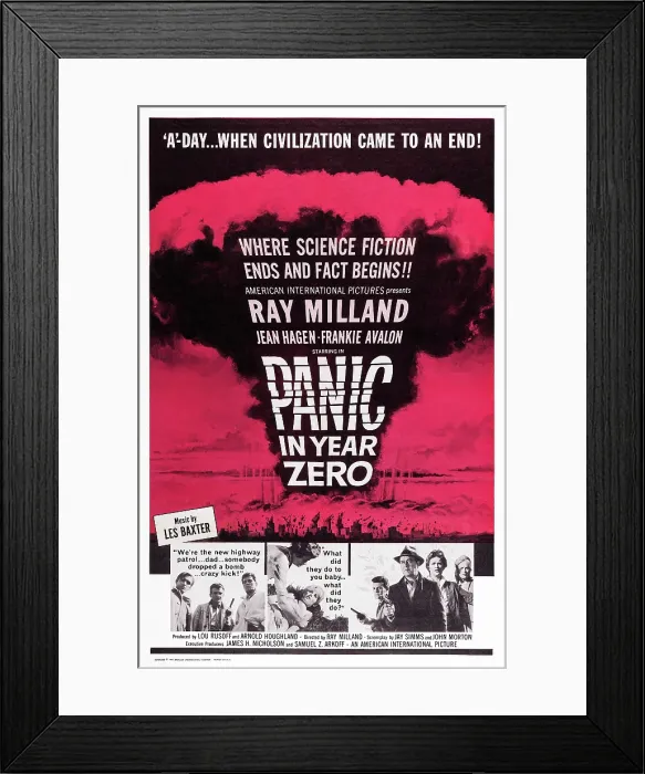 Framed Print : PANIC IN YEAR ZERO!, US poster art, bottom center: Jean Hagen, left: Frankie Avalon, Ray Milland, 1962