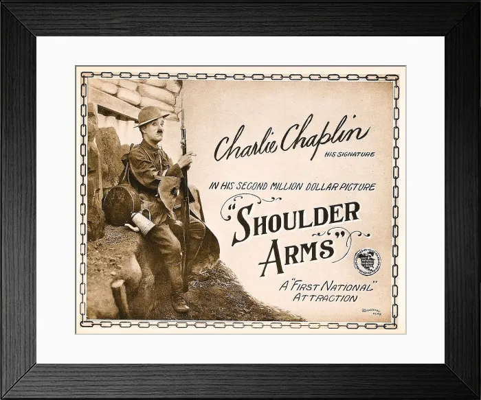 Framed Print : SHOULDER ARMS, on left: Charles Chaplin (aka Charlie Chaplin') on Title Card, 1918