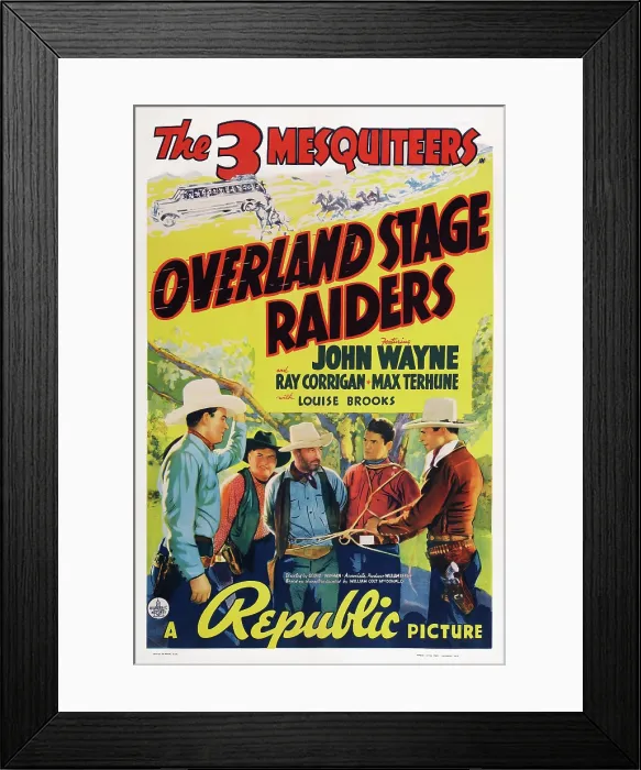 Framed Print : OVERLAND STAGE RAIDERS, bottom from left: John Wayne, right: Ray Corrigan, 1938
