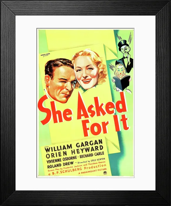 Framed Print : SHE ASKED FOR IT, US poster art, heads from left: William Gargan, Orien Heyward, 1937