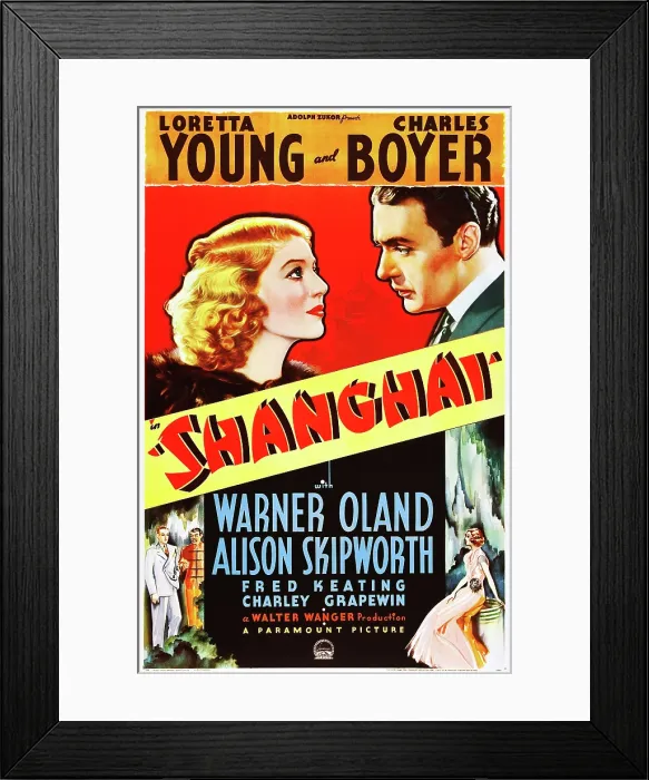 Framed Print : SHANGHAI, top l-r: Loretta Young, Charles Boyer on poster art, 1935