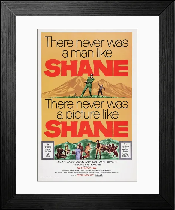 Framed Print : SHANE, US poster art, top, from left: Alan Ladd, Brandon De Wilde, 1953