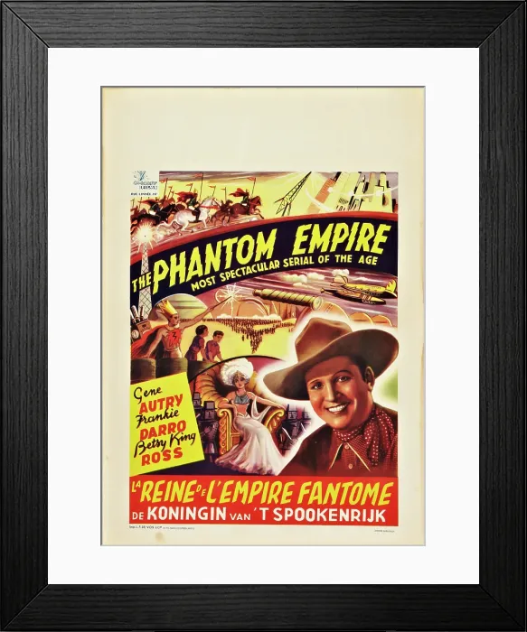Framed Print : THE PHANTOM EMPIRE, (aka LA REINE DE L'EMPIRE FANTOME), Belgian poster, far right: Gene Autry on Belgian poster art, 1935 Framed Print : THE PHANTOM EMPIRE, (aka LA REINE DE L'EMPIRE FANTOME), Belgian poster, far right: Gene Autry on Belgian poster art, 1935