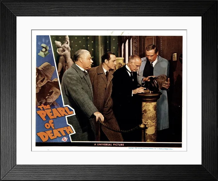 Framed Print : THE PEARL OF DEATH, from left, Nigel Bruce, Basil Rathbone, Holmes Herbert, Dennis Hoey, 1944