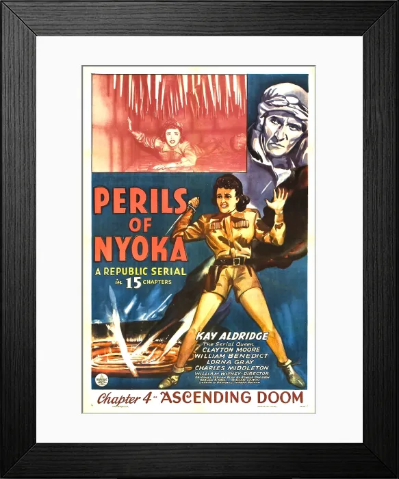 Framed Print : PERILS OF NYOKA, top from left: Kay Aldridge, Clayton Moore, bottom: Kay Aldridge in Chapter 4: Ascending Doom, 1942
