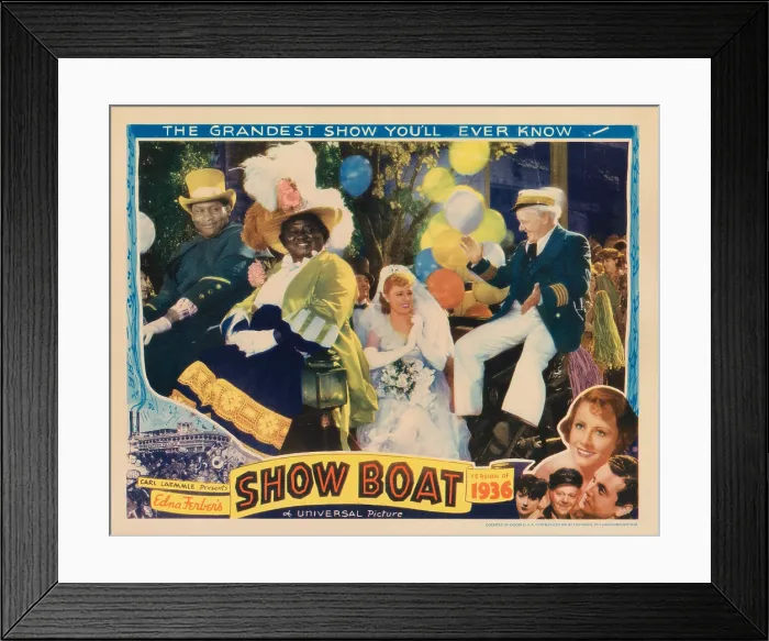 Framed Print : SHOW BOAT, lobbycard, top: Paul Robeson (top hat), Hattie McDaniel (feathered hat), Irene Dunne (center), Charles Winninger (right), bottom from left: Helen Morgan