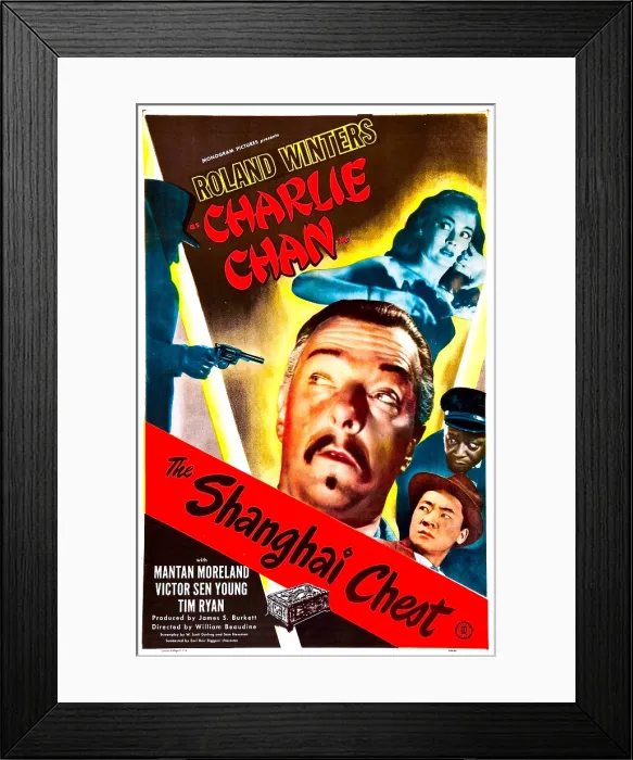 Framed Print : THE SHANGHAI CHEST, (aka CHARLIE CHAN IN THE SHANGHAI CHEST), US poster, from top: Deannie Best, Roland Winters (aka Charlie Chan), right from top: Mantan Moreland