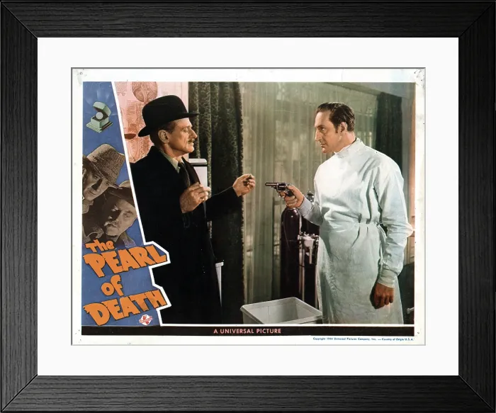 Framed Print : THE PEARL OF DEATH, from left, Miles Mander, Basil Rathbone, 1944