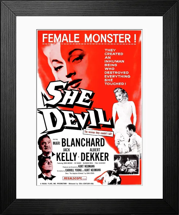 Framed Print : SHE DEVIL, blonde woman featured diagonally along upper right: Mari Blanchard; bottom left corner, from top: Albert Dekker, Jack Kelly on 1-sheet poster art, 1957