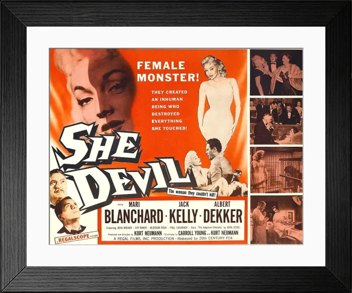 Framed Print : SHE DEVIL, blonde woman featured along top: Mari Blanchard; lower left corner, from top: Albert Dekker, Jack Kelly on half-sheet poster art, 1957