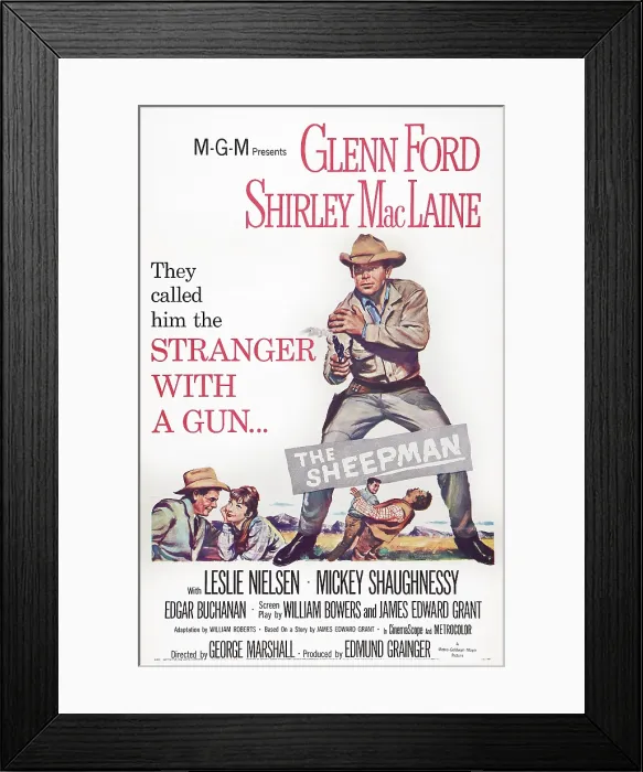 Framed Print : THE SHEEPMAN, (aka STRANGER WITH A GUN), top right: Glenn Ford, bottom from left: Glenn Ford, Shirley MacLaine on poster art, 1958