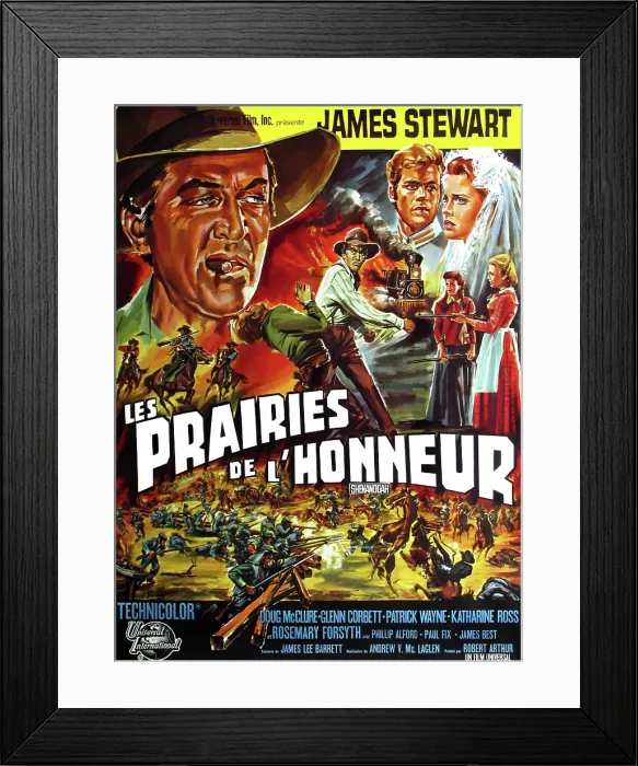Framed Print : SHENANDOAH (aka LES PRAIRIES DE L'HONNEUR), James Stewart (left), (French poster art), 1965 Framed Print : SHENANDOAH (aka LES PRAIRIES DE L'HONNEUR), James Stewart (left), (French poster art), 1965