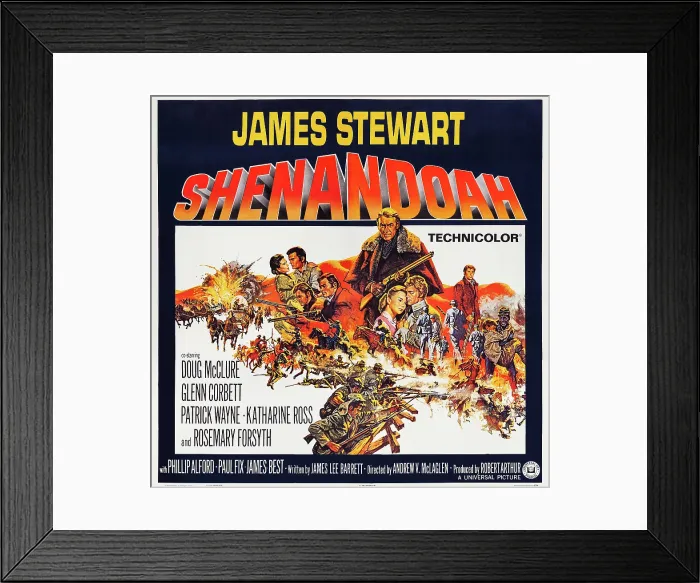 Framed Print : SHENANDOAH, US poster art, top left couple: Katherine Ross, Patrick Wayne; top, center: James Stewart, Rosemary Forsyth, Doug McClure, 1965 Framed Print : SHENANDOAH, US poster art, top left couple: Katherine Ross, Patrick Wayne; top, center: James Stewart, Rosemary Forsyth, Doug McClure, 1965