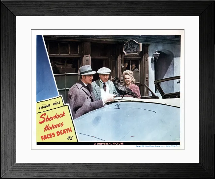 Framed Print : SHERLOCK HOLMES FACES DEATH, from left, Basil Rathbone, Nigel Bruce, Hillary Brooke, 1943