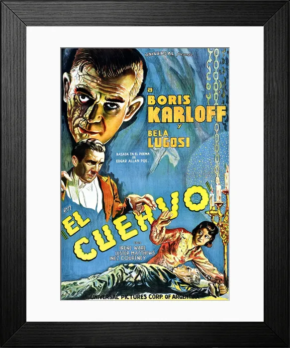Framed Print : THE RAVEN, (aka EL CUERVO), top left: Boris Karloff, bottom left: Bela Lugosi, bottom right: Irene Ware on Argentinian poster art, 1935 Framed Print : THE RAVEN, (aka EL CUERVO), top left: Boris Karloff, bottom left: Bela Lugosi, bottom right: Irene Ware on Argentinian poster art, 1935