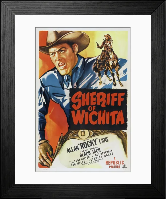 Framed Print : SHERIFF OF WICHITA, l-r: Allan Rocky Lane, Black Jack the horse on poster art, 1949