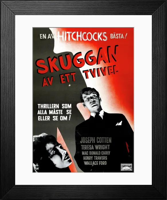 Framed Print : SHADOW OF A DOUBT, (aka SKUGGAN AV ETT TVIVEL), Swedish poster art, from left: Teresa Wright, Joseph Cotten, 1943 Framed Print : SHADOW OF A DOUBT, (aka SKUGGAN AV ETT TVIVEL), Swedish poster art, from left: Teresa Wright, Joseph Cotten, 1943
