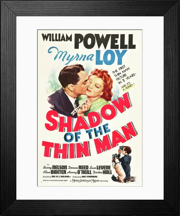 Framed Print : SHADOW OF THE THIN MAN, top l-r: William Powell, Myrna Loy, bottom l-r: Asta, Dickie Hall on poster art, 1941 Framed Print : SHADOW OF THE THIN MAN, top l-r: William Powell, Myrna Loy, bottom l-r: Asta, Dickie Hall on poster art, 1941