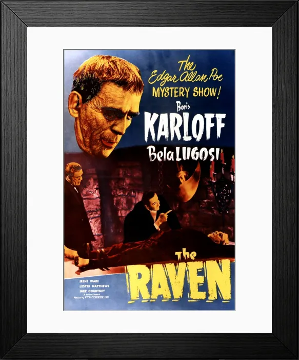 Framed Print : THE RAVEN, top left: Boris Karloff, bottom from left: Boris Karloff, Bela Lugosi, Samuel S. Hinds on 1949 poster art, 1935 Framed Print : THE RAVEN, top left: Boris Karloff, bottom from left: Boris Karloff, Bela Lugosi, Samuel S. Hinds on 1949 poster art, 1935