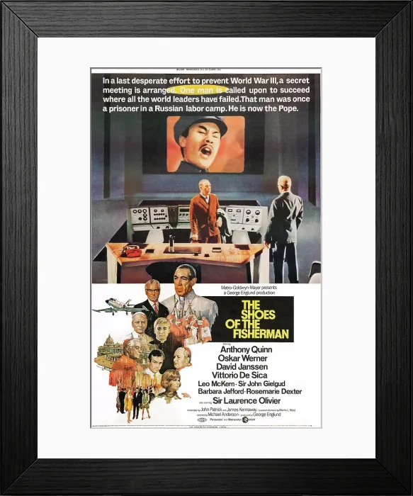 Framed Print : THE SHOES OF THE FISHERMAN, US poster art, Anthony Quinn (right), Laurence Oliver (center top), top row from left: John Gielgud, Oskar Werner