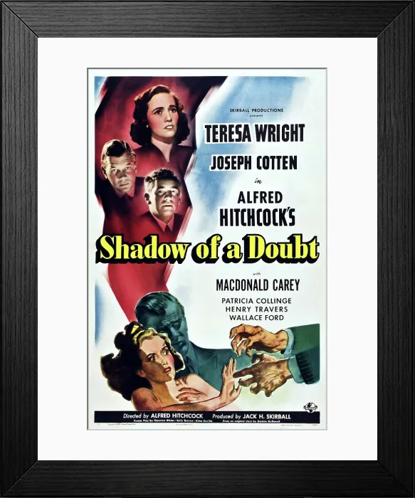 Framed Print : SHADOW OF A DOUBT, from top: Teresa Wright, Joseph Cotten, Macdonald Carey on poster art, 1943 Framed Print : SHADOW OF A DOUBT, from top: Teresa Wright, Joseph Cotten, Macdonald Carey on poster art, 1943