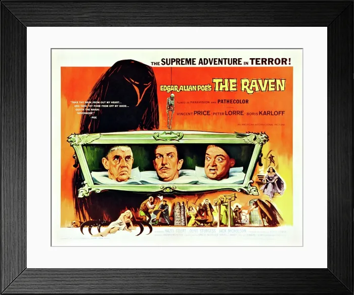 Framed Print : THE RAVEN, US lobbycard, from left: Boris Karloff, Vincent Price, Peter Lorre, 1963