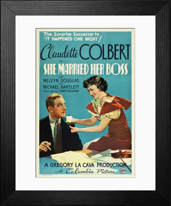 Framed Print : SHE MARRIED HER BOSS, l-r: Melvyn Douglas, Claudette Colbert on poster art, 1935