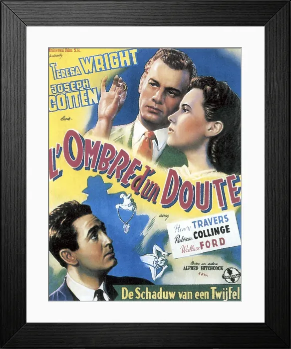Framed Print : SHADOW OF A DOUBT, (aka L'OMBRE D'UN DOUTE), French poster art, from left: Macdonald Carey, Joseph Cotten, Teresa Wright, 1943 Framed Print : SHADOW OF A DOUBT, (aka L'OMBRE D'UN DOUTE), French poster art, from left: Macdonald Carey, Joseph Cotten, Teresa Wright, 1943