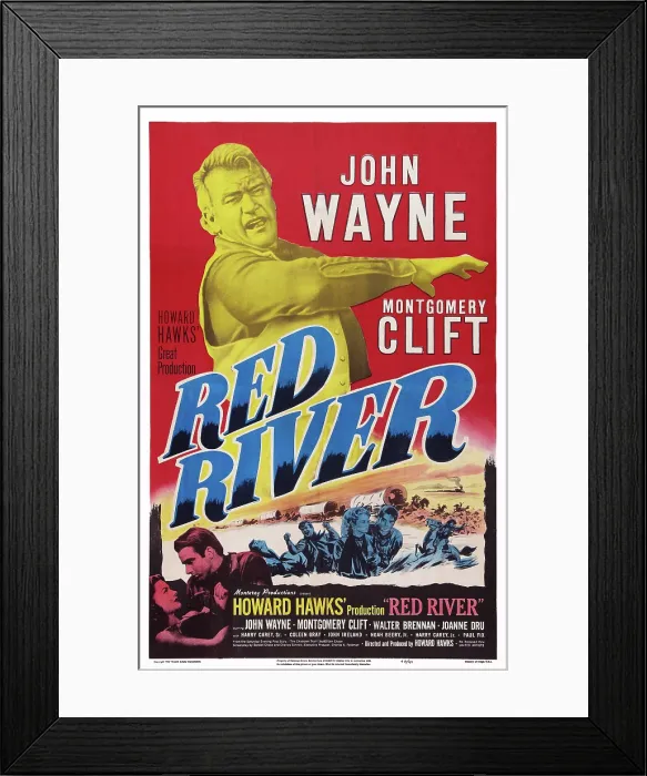 Framed Print : RED RIVER, top: John Wayne, bottom from left: Joanne Dru, Montgomery Clift, John Wayne, Joanne Dru, Montgomery Clift, on 1952 reissue poster, 1948