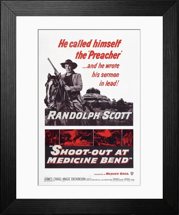 Framed Print : SHOOT-OUT AT MEDICINE BEND, poster art, Randolph Scott, 1957 Framed Print : SHOOT-OUT AT MEDICINE BEND, poster art, Randolph Scott, 1957