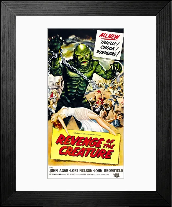 Framed Print : REVENGE OF THE CREATURE, as the Gill Man': Tom Hennesy (on land), Ricou Browning (underwater); bottom: Lori Nelson on 3-sheet poster art by Reynold Brown, 1955