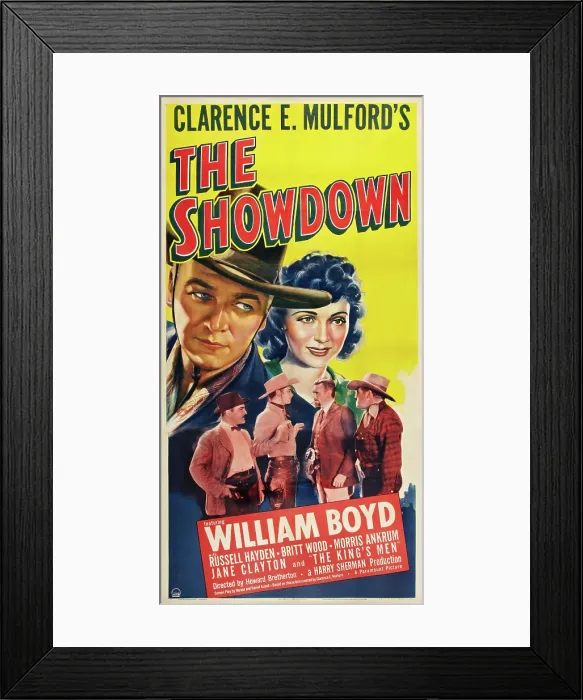Framed Print : THE SHOWDOWN, top l-r: William Boyd, Jan Clayton, bottom second from left: William Boyd on poster art, 1940