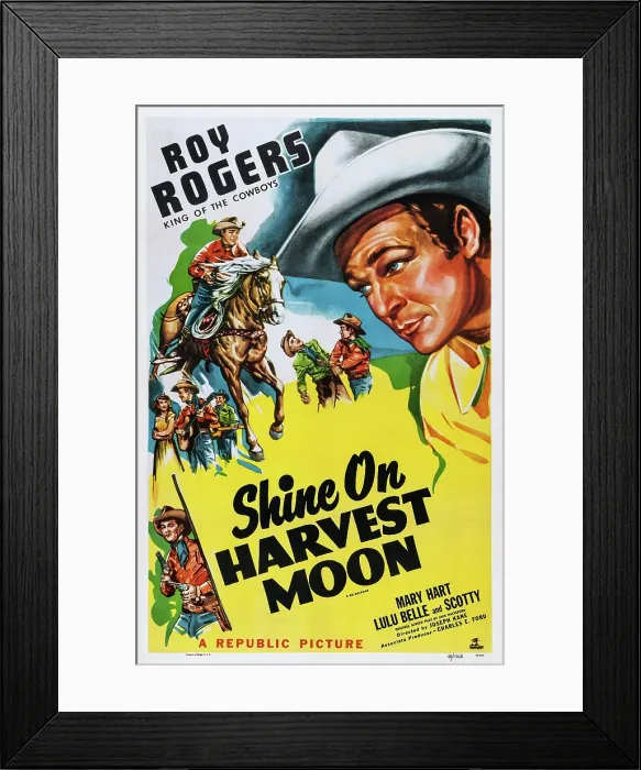 Framed Print : SHINE ON HARVEST MOON, US poster art, top left and right: Roy Rogers, 1938 Framed Print : SHINE ON HARVEST MOON, US poster art, top left and right: Roy Rogers, 1938
