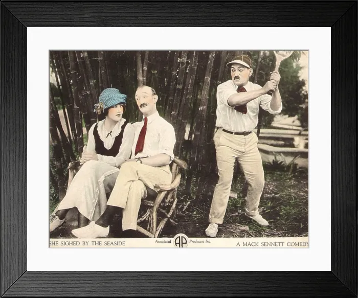 Framed Print : SHE SIGHED BY THE SEASIDE, l-r: Marie Prevost, Ben Turpin, Heinie Conklin (aka Charles Conklin) on lobbycard, 1921 Framed Print : SHE SIGHED BY THE SEASIDE, l-r: Marie Prevost, Ben Turpin, Heinie Conklin (aka Charles Conklin) on lobbycard, 1921