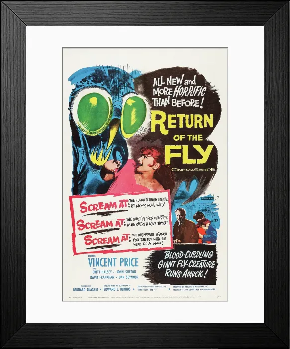 Framed Print : RETURN OF THE FLY, US poster art, top right: Danielle DeMetz, bottom right from left: Vincent Price, Danielle DeMetz, 1959, TM and Copyright 20th Century Fox Film Corp Framed Print : RETURN OF THE FLY, US poster art, top right: Danielle DeMetz, bottom right from left: Vincent Price, Danielle DeMetz, 1959, TM and Copyright 20th Century Fox Film Corp