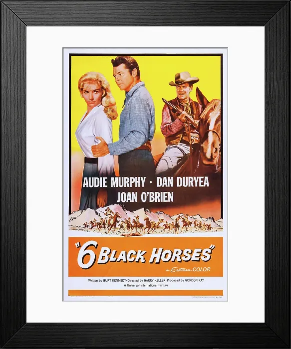 Framed Print : SIX BLACK HORSES, (aka 6 BLACK HORSES), US poster art, from left: Joan O'Brien, Audie Murphy, Dan Duryea, 1962