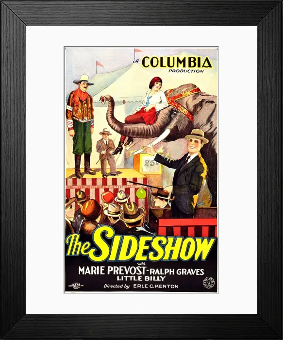 Framed Print : THE SIDESHOW, Marie Prevost (woman sitting on elephant), Ralph Graves (man on right); Style B 1-sheet poster art, 1928