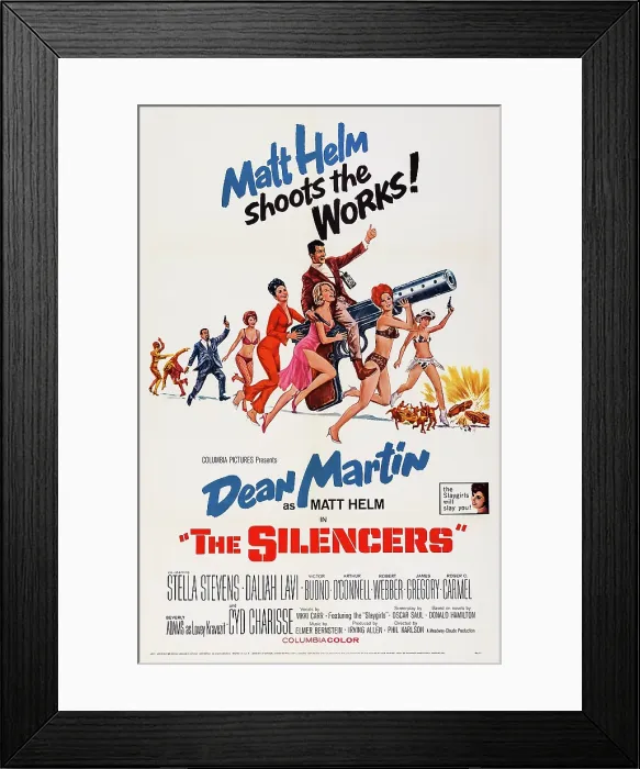 Framed Print : THE SILENCERS, US poster, Victor Buono (beard), Dahlia Lavi (red dress), Dean Martin (turtleneck), Stella Stevens (front right), 1966